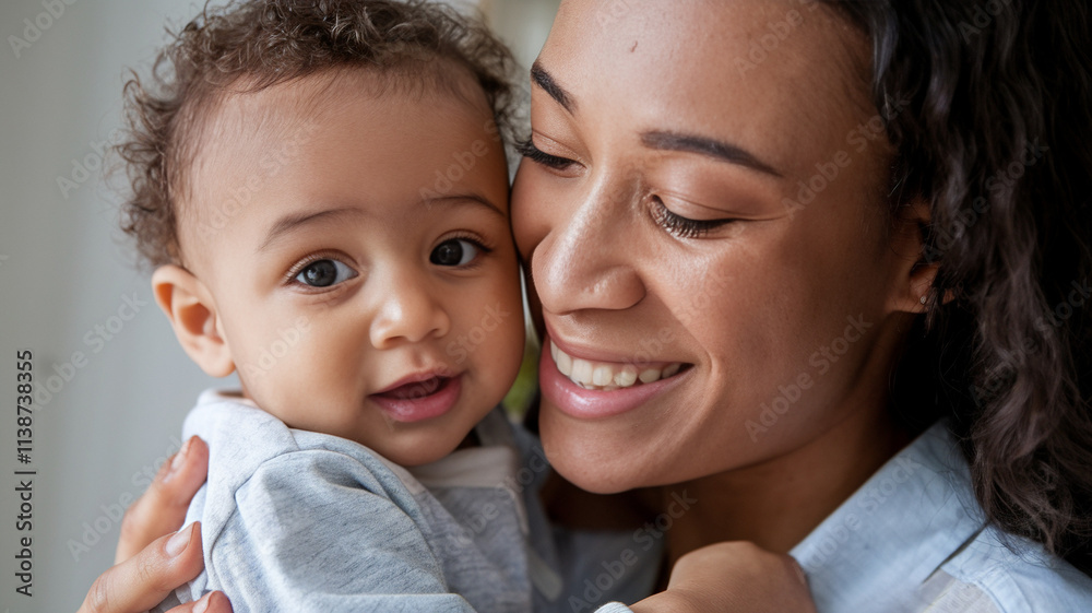 Mother and Baby Close Up Portrait, Joyful Smile Mother and Baby Close Up Portrait, Joyful Smile