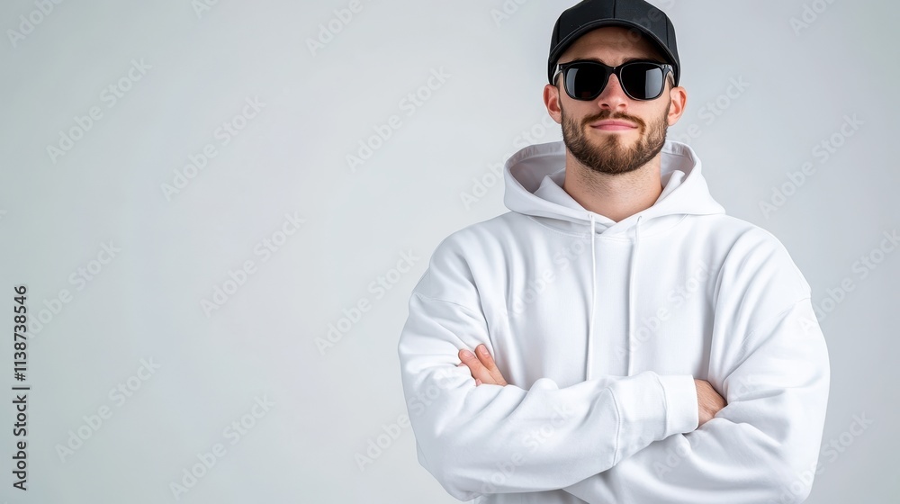 Mockup template for black hoodie design presentation on a clean white background with a model styled in casual attire Mockup template for black hoodie design presentation on a clean white background with a model styled in casual attire