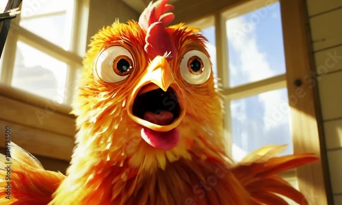 A vibrant, animated chicken with a surprised expression, showcasing bright colors and cartoonish features.