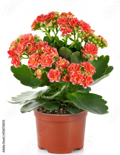 Potted kalanchoe plant with vibrant orange flowers isolated on white background, perfect for home decoration and adding a touch of nature to interior spaces