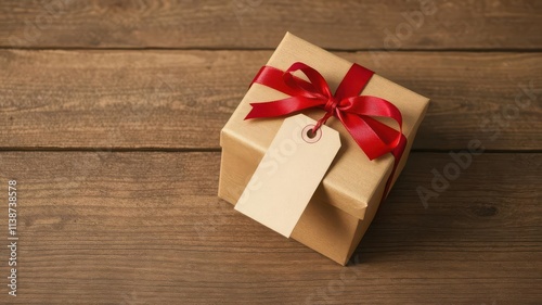 Rustic brown gift box, red ribbon, tag Wooden background, elegant, simple, design