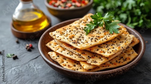 Fluffy bread with herbs and olive oil served on a rustic plate