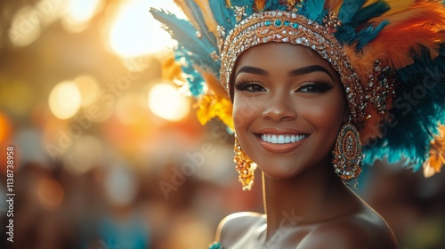 Brightly dressed woman smiles during a vibrant cultural celebration in a lush...