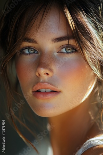 Captivating close up of a young woman with curly hair and striking green eyes