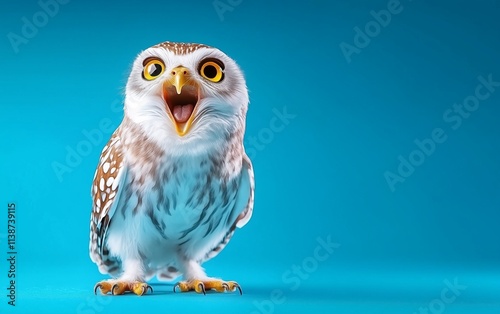 Cheerful Owl Portrait - A Whimsical Bird in a Vivid Blue Background photo