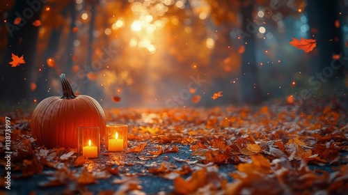 Autumn sunset with pumpkins and candles surrounded by colorful fallen leaves