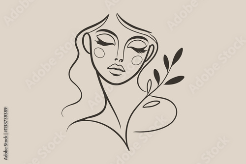  Minimalist line art portrait of a woman with flowers in black ink, logo, print, icon