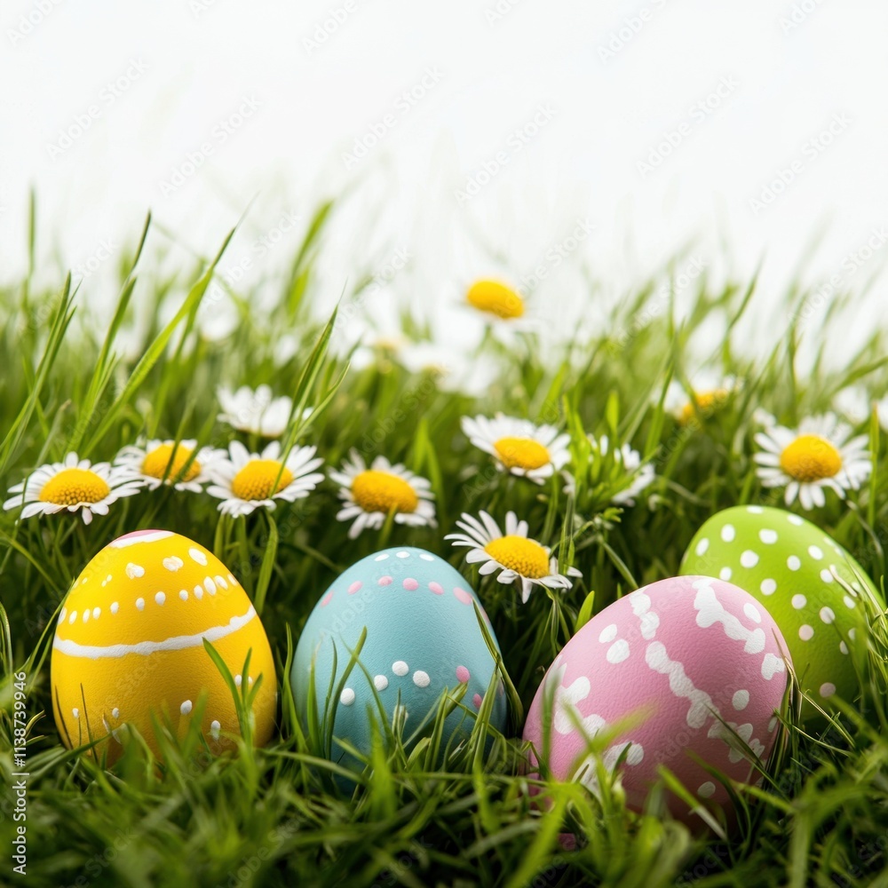 Colorful Easter eggs nestled in spring grass with daisies. (1) Colorful Easter eggs nestled in spring grass with daisies. (1)