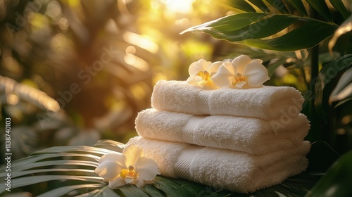 Relaxing spa setting with candles and towels near a tranquil pool at sunset