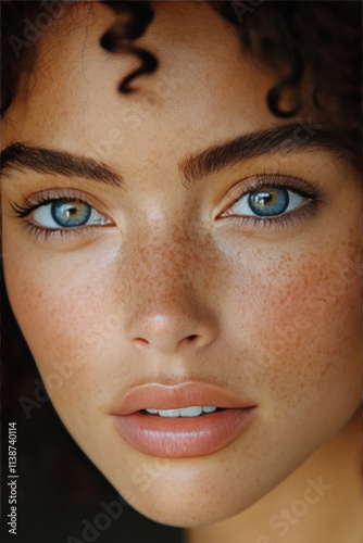Woman with curly hair and striking blue eyes shows freckles during natural li...