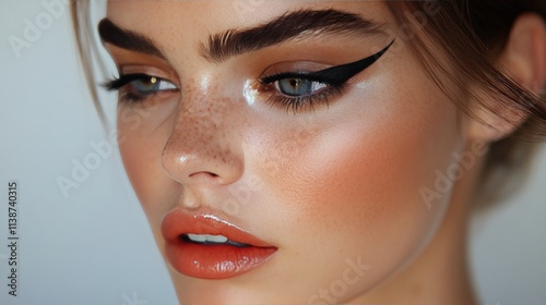 Close up of a model showcasing bold eyeliner and flawless makeup in natural l...