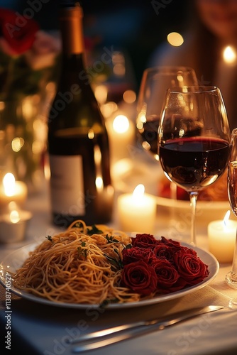Romantic dinner setting with wine and red roses for an intimate evening celeb...
