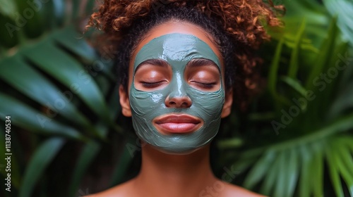 Relaxation and self care with a green facial mask in a tropical setting