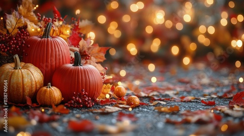 Autumn sunset with pumpkins and candles surrounded by colorful fallen leaves