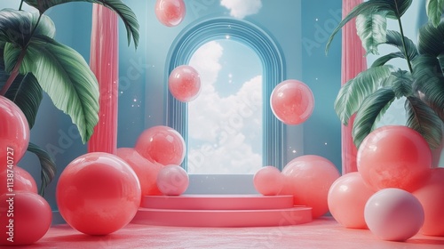 Colorful play area with pastel balls and striped cylinder in bright surroundings