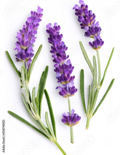 Stunning close up of vibrant purple lavender sprigs against a clean white backdrop, capturing the beauty and essence of this aromatic herb