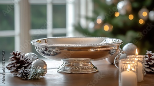 Elegant silver bowl with holiday decorations and candles on a festive table s...