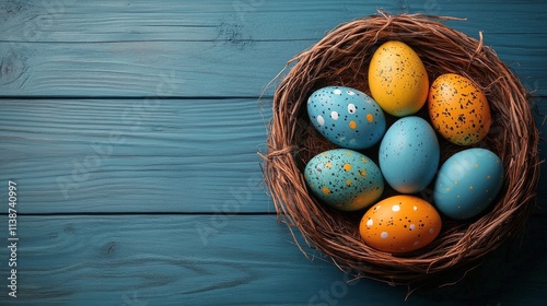 Colorful eggs in a nest ready for Easter celebration