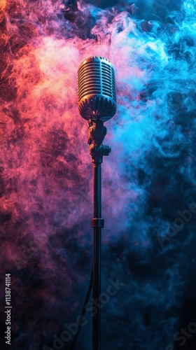 Vintage microphone surrounded by colorful smoke at a music event in an intima...