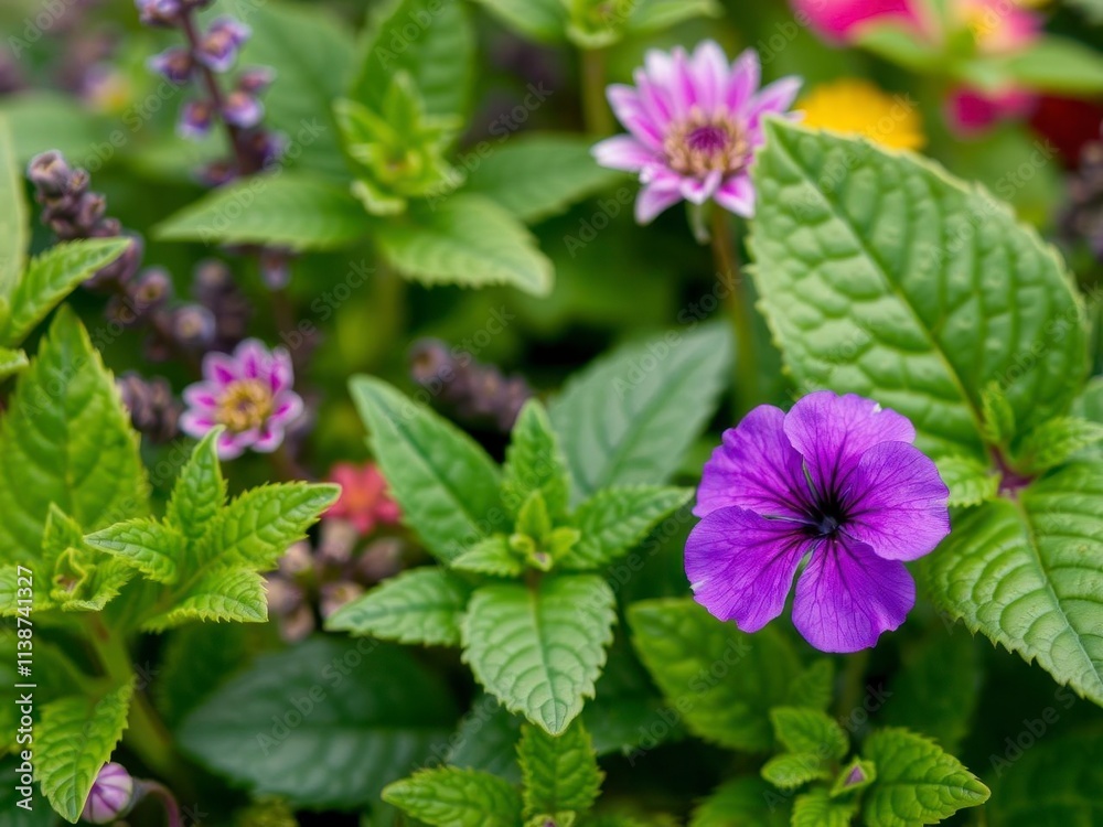 Vibrant purple flower petals and leaves, bright, flora Vibrant purple flower petals and leaves, bright, flora