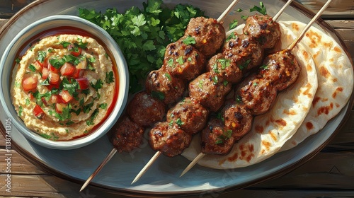 Delicious kebabs cooking on the grill at a summer outdoor gathering in the ev...