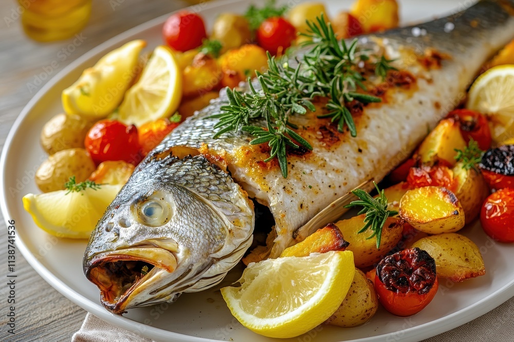 A beautifully grilled whole fish garnished with herbs, served with roasted potatoes, tomatoes, and lemon slices on a white plate for a delicious, rustic meal. A beautifully grilled whole fish garnished with herbs, served with roasted potatoes, tomatoes, and lemon slices on a white plate for a delicious, rustic meal.