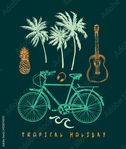 Hand-drawn illustration of a bicycle riding through waves, coconut trees and tropical fruits. A celebration of vibrant nature and outdoor life, capturing the essence of the tropics in every detail.