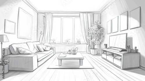 Living room interior drawing by pencil