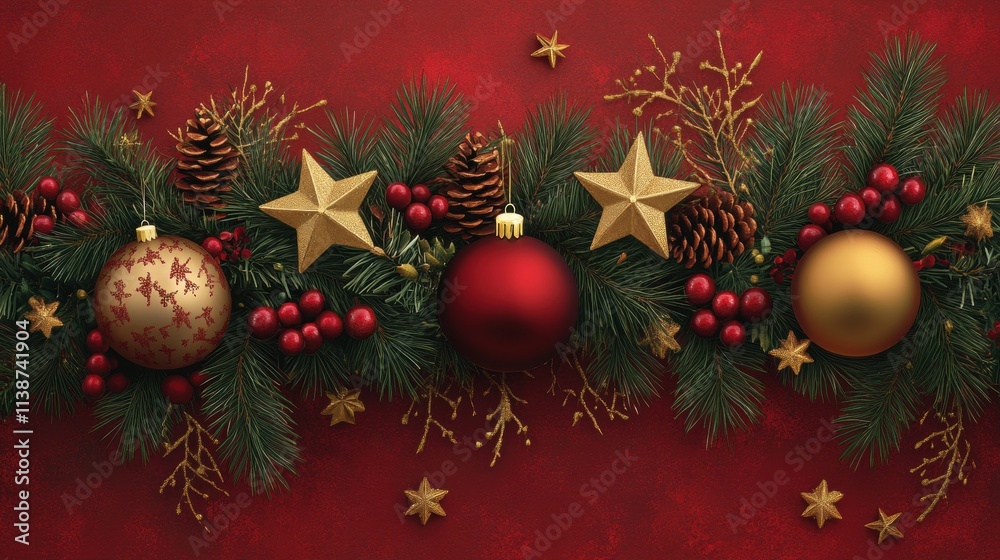 A vibrant red Christmas background adorned with gold ornaments, red baubles, glittering stars, and lush evergreen branches, creating a festive holiday atmosphere. A vibrant red Christmas background adorned with gold ornaments, red baubles, glittering stars, and lush evergreen branches, creating a festive holiday atmosphere.