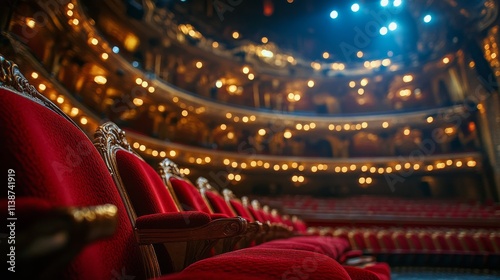 Grand interior of a historic theater with elegant red seating and ornate arch...