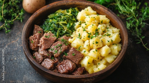 Delicious roast beef served with seasoned potatoes and garnished herbs at a v...