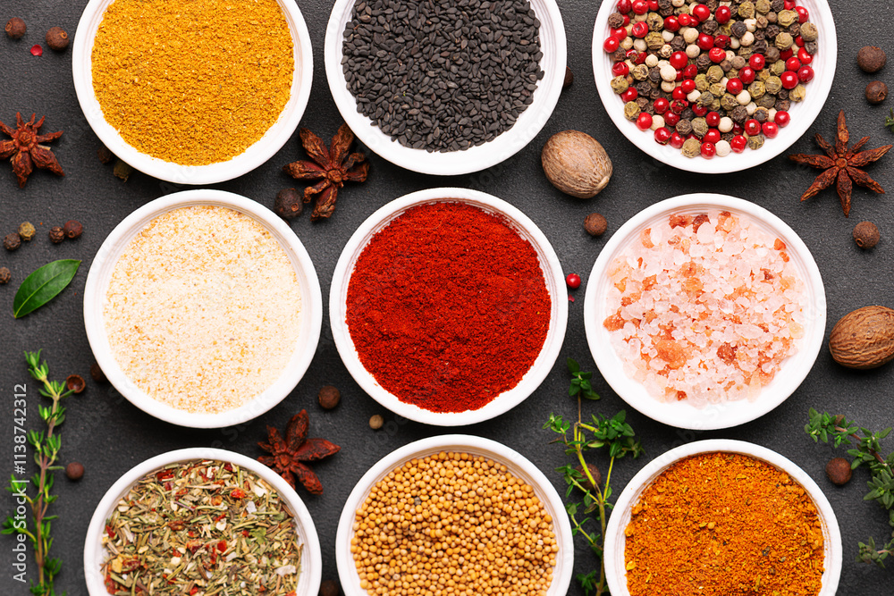 Bright set of aromatic organic spices and herbs such as smoked paprica, peppercorn, thyme, bay leaf, curry, dry garlic and others on black stone background top view. Bright set of aromatic organic spices and herbs such as smoked paprica, peppercorn, thyme, bay leaf, curry, dry garlic and others on black stone background top view.