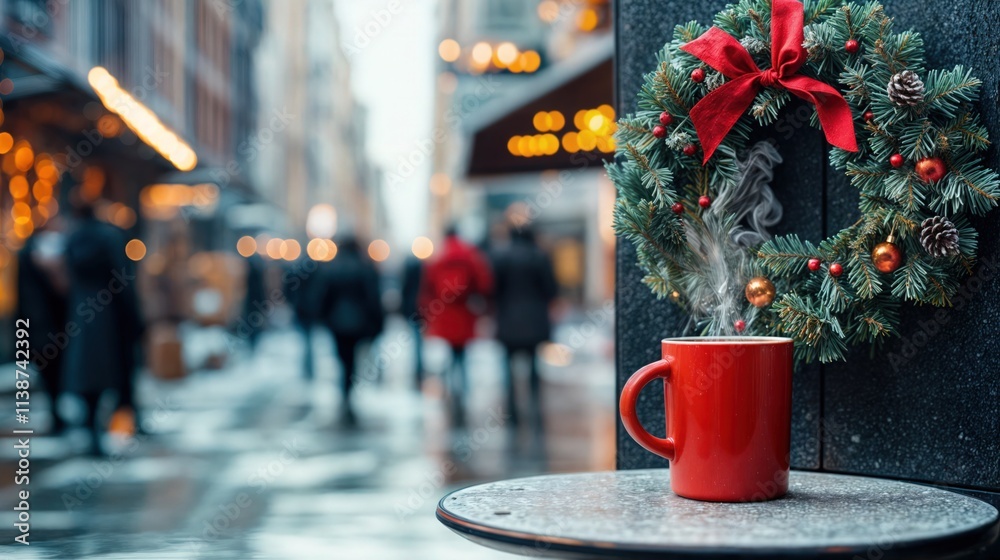 Red steaming mug on a table with decorated Christmas wreath in festive winter city street scene