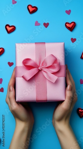Gift box wrapped in pink ribbon surrounded by decorative hearts on a blue bac...