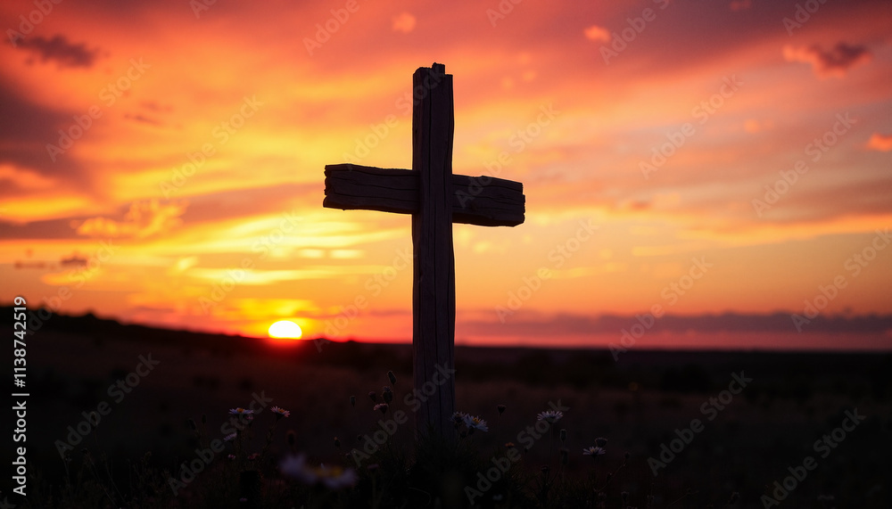 Silhouetted wooden cross against vibrant sunset sky with clouds and flowers in foreground Silhouetted wooden cross against vibrant sunset sky with clouds and flowers in foreground