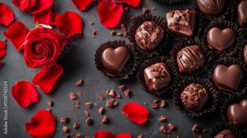 Romantic setting with chocolates, roses, and a letter on a wooden table for a...