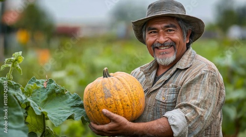 Farmer smiling proudly while holding ripe pumpkin in vibrant field during aut...