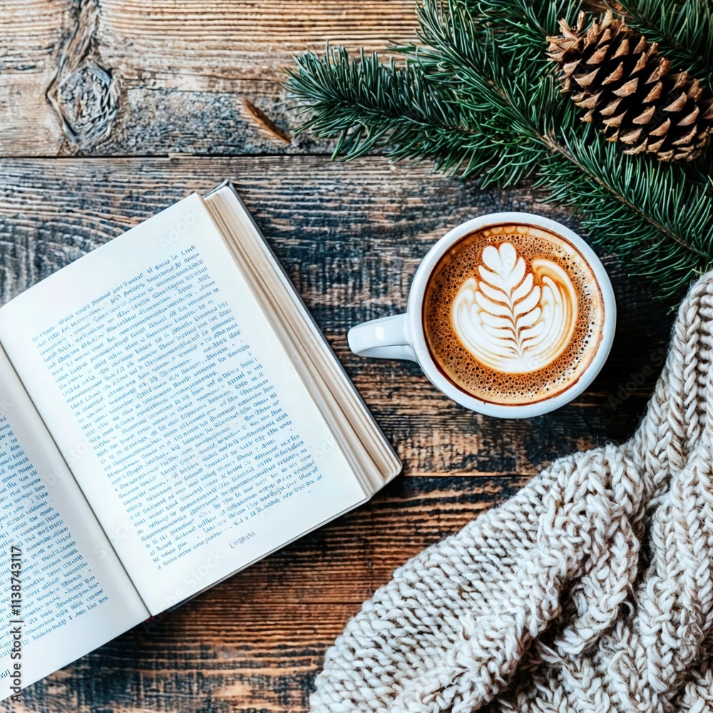 Open book with latte art coffee cup, pine branches, and cozy knitted blanket on rustic wooden table
