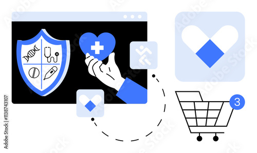 Hand holding heart with medical cross, healthcare shield, app icon with heart overlaid on screen, shopping cart. Ideal for medical services, online shopping, healthcare apps, health technology