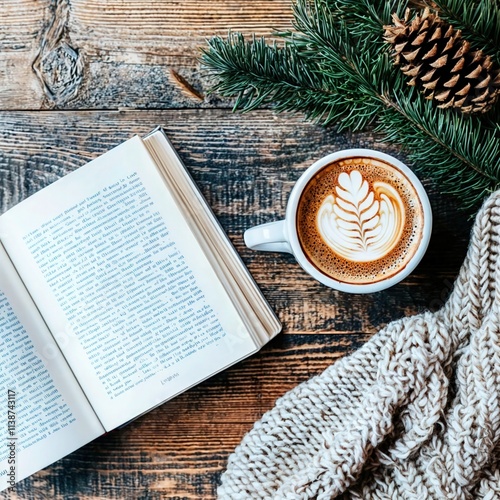 Obraz na płótnie Open book with latte art coffee cup, pine branches, and cozy knitted blanket on rustic wooden table
w salonie
