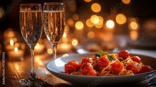 Dinner setting with sparkling drinks and gourmet meal during golden hour at o...