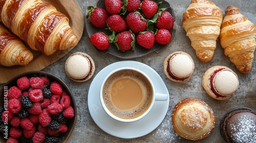 Enjoying croissants and macarons with coffee beside vibrant flowers in a cozy...