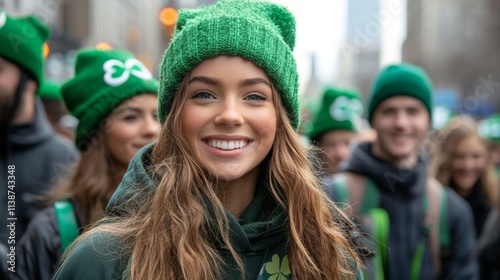 Smiling friends celebrate together at a festive gathering wearing green accessories