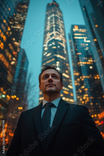 Business professional stands confidently among skyscrapers at dusk in a vibra...