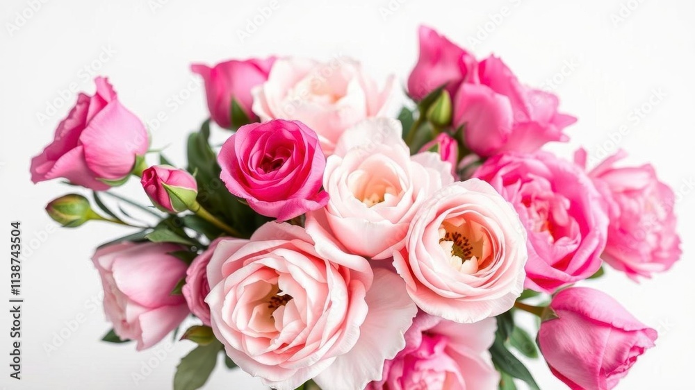 A fresh arrangement of pink peonies and roses on a white background with space for text, delicate, vibrant, roses A fresh arrangement of pink peonies and roses on a white background with space for text, delicate, vibrant, roses