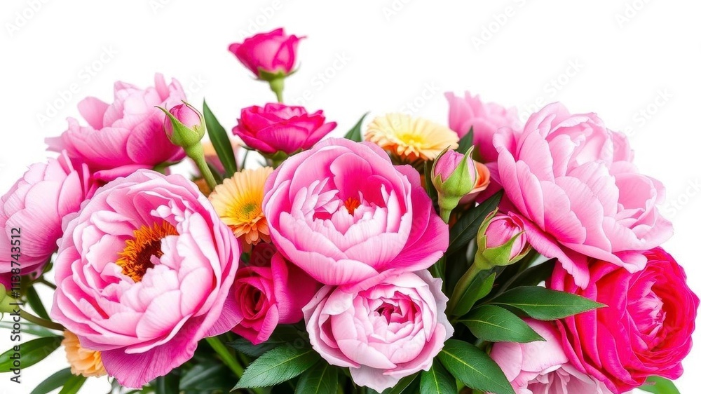 A fresh arrangement of pink peonies and roses against a blank background for copyspace, nature, fresh A fresh arrangement of pink peonies and roses against a blank background for copyspace, nature, fresh