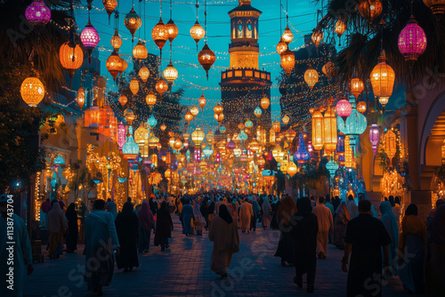 Colorful lamps illuminate the vibrant streets during a festive gathering at dusk photo