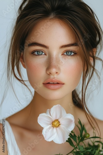 Beautiful model poses with pink flower in soft natural light showcasing her r...