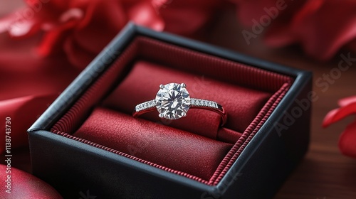 Engagement ring displayed in a velvet box on a rich red fabric