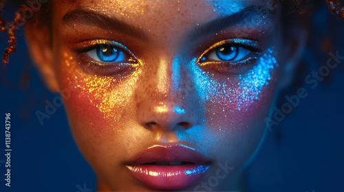 Stunning portrait of a young woman showcasing vibrant makeup and shimmering c...